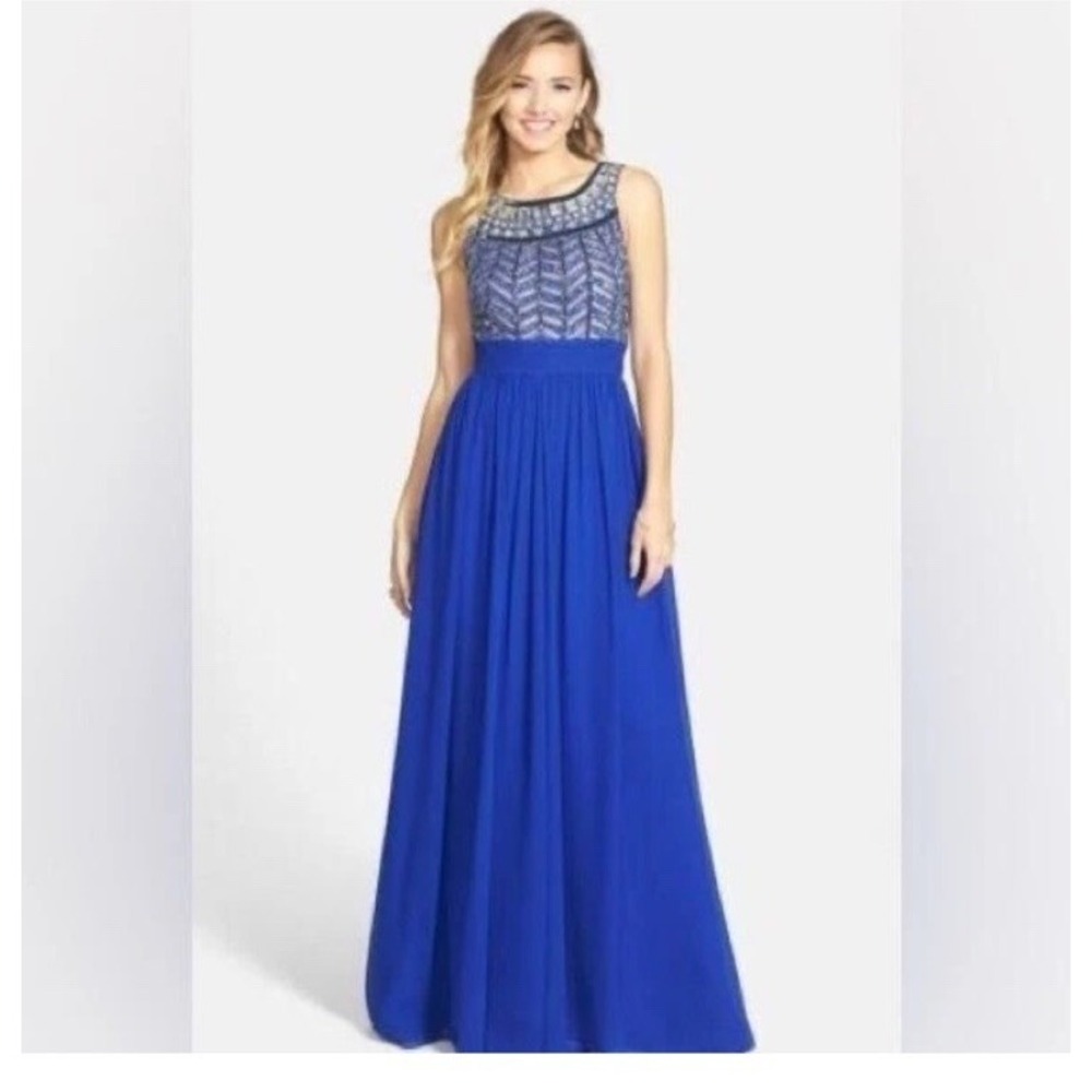 JS Collections Halter Embellished Chiffon Gown Dress Navy Blue Women's Size 0